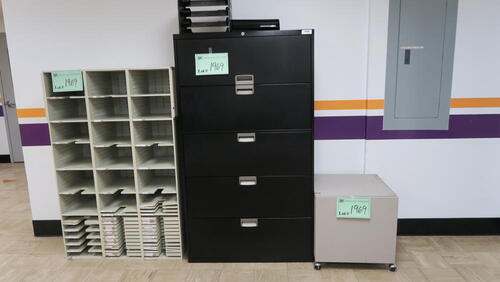 LOT, 5 DRAWER LATERAL FILE, MAIL BOX UNIT, SMALL ROLLING CABINET, LOURDES, LL FLOOR, RM COMMON AREA