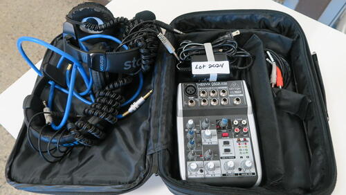 LOT, BEHRINGER XENYX Q502USB MINI MIXER, 2- STANTON HEAD SETS, LOURDES, ML FLOOR, RM DENNIS