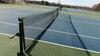 LOT, 3 TENNIS NETS AND POLES, ALL BALLBINS AND RAQUET HOLDERS, ROLLER MOPS, BROOMS, 1 PICNIC TABLE, LOWER TENNIS COURT, FLOOR, RM - 9