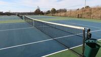 LOT, 3 TENNIS NETS AND POLES, ALL BALLBINS AND RAQUET HOLDERS, ROLLER MOPS, BROOMS, 1 PICNIC TABLE, UPPER TENNIS COURT, FLOOR, RM