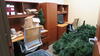 LOT, CONTENTS OF ROOM, 2-DESKS WITH BRIDGES, 1-TALL CABINET, 1-IBM COMPUTER SYSTEM WITH MONITOR KB MOUSE, CHRISTMAS TREE, CHRISTMAS DECORATIONS, UNASSEMBLED LIBRARY BOOK SHELF ITEMS, MISC BOOKS, HUNDLEY, 1ST FLOOR, RM 109 - 6