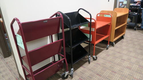 LOT, 4 LIBRARY BOOK RETURN CARTS, HUNDLEY, 1ST FLOOR, RM LIBRARY OFFICE HALLWAY