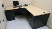 LOT, L SHAPED DESK, CHAIR, MONITOR, KB, MOUSE, WOOD BOOK CASE, MISC OFFICE SUPPLIES, HAMILTON, 3RD FLOOR, RM210A