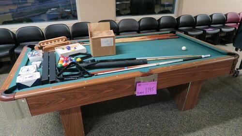 LOT, STEEPLETON POOL TABLE WITH CUES AND BALLS AND ACCESSORIES, AS SHOWN, SPALDING, LOWER LEVEL FLOOR, RM STUDENT CENTER