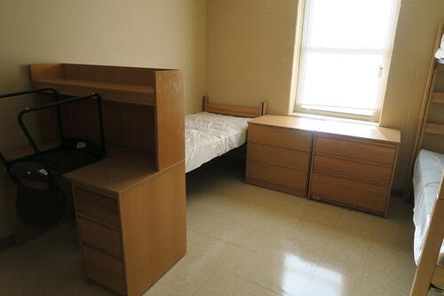 LOT, 3-BUNKABLE BEDS, 3-3DRAWER DRESSERS, 2-STUDENT DESKS WITH BRIDGE & LIGHT, 1-SMALL STUDENT DESK, 3-CHAIRS, 3-2 DOOR WARDROBES, ALTHAIRE, 1ST FLOOR, RM 103