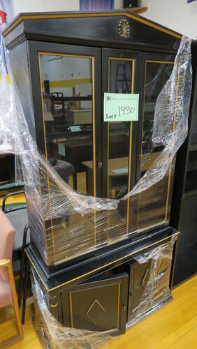 BLACK WITH GOLD TRIM CURIO CABINET WITH BASE, LOURDES, UPPER FLOOR, RM GYM