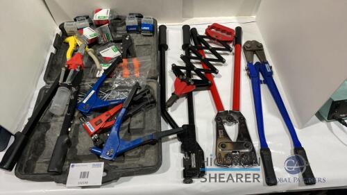 Various hand tools including crimping gear rivet sets and bolt croppers