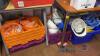 Lot assorted rubber boots, fire extinguishers, sleeping bags, hard hats, vest, PVC electrical tape, tickitape, paper - 8