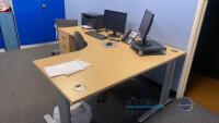Office furniture:L-shape Desk, monitors, hp printer, (5) side chairs, Bisley parts cabinet, and (2) metal storage cabinets