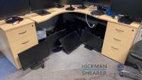 Office furniture: wood desk with pedestals, wood bookcase, metal storage cabinet, small metal storage cabinet and 3 drawer file cabinet, (no monitors)