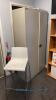 Office furniture: wood desk with pedestals, wood bookcase, metal storage cabinet, small metal storage cabinet and 3 drawer file cabinet, (no monitors) - 3