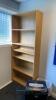 Office furniture: small wood desk, (2) wood Bookcases, small metal storage cabinet, and reception paper shredded - 4