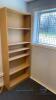 Office furniture: small wood desk, (2) wood Bookcases, small metal storage cabinet, and reception paper shredded - 5