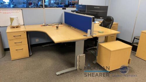 Office furniture: (5) desk with wood top, (4) office chairs, 4 drawer file cabinet, (2) small wood storage cabinets, monitor stand with 3 monitors and monitor stand with 2 monitors