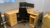 Office furniture: (5) desk with wood top, (4) office chairs, 4 drawer file cabinet, (2) small wood storage cabinets, monitor stand with 3 monitors and monitor stand with 2 monitors - 3