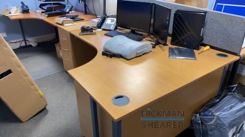 Office furniture: (4) desk with wood top, metal 4 drawer file cabinet, metal 2 drawer file cabinet, stand with 3 monitors, and 2 acre monitors, (Furniture only and monitors only)