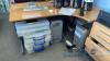 Office furniture: (5) desk with wood top, small wood bookcase, small metal storage cabinet and stand with 2 monitors, delay pickup, furniture only