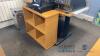 Office furniture: (5) desk with wood top, small wood bookcase, small metal storage cabinet and stand with 2 monitors, delay pickup, furniture only - 2