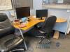 Office furniture: desk with wood top, (4) office chairs, small metal storage cabinet and (2) monitors