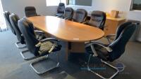 Wood Conference table 118 cm, with (8) executive Chairs, credenza with glass top, trash can, white board, small table and small heater, (upstairs hanger 5)