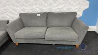 John Lewis grey leather sofas with wood legs, 208 cm long x 93cm wide x2, (upstairs hanger 4)