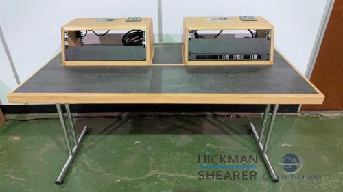 Wood Studio Desk with chrome folding legs and (2) wooden rack pods 59&rdquo; inches long x 31.5&rdquo; inches wide, x 8, (Delay Pick-up)
