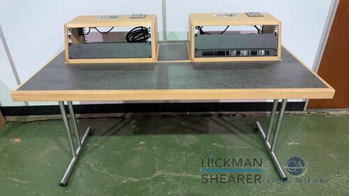Wood Studio Desk with chrome folding legs and (2) wooden rack pods 59&rdquo; inches long x 31.5&rdquo; inches wide, x 9, (Delay Pick-up)