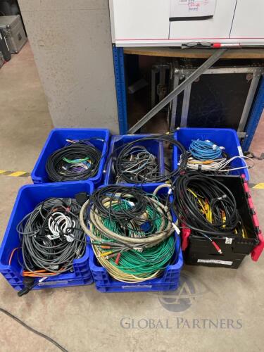 (Qty 6) Plastic Tubs of Various AV Cables and Power Cables