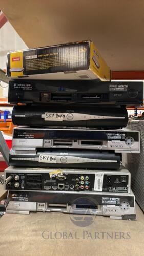 (Qty 8) Various satellite Sky & Dolby boxes and remotes as photographed