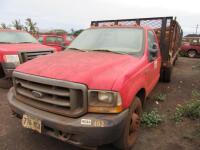 LOT OF OF (4) FORD F-350 PICKUP TRUCKS, (1) 2002 FORD F350 1 TON 4X4 PICKUP, VIN/SERIAL:1FTSF31L22EA44766, LICENSE:611MCW, W/TITLE, (BAD ENGINE), (HC&S No. 400) (1) 2002 FORD F350 1 TON 4X2 FLATBED STAKE BODY PICKUP, VIN/SERIAL:1FDWF36L03EA42070, LICENSE: