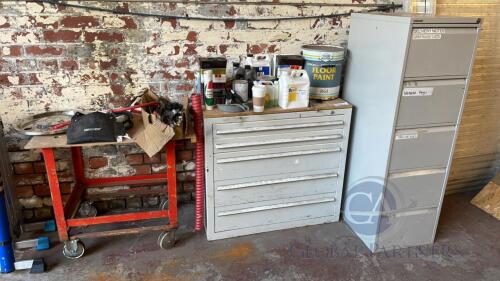 5 Drawer Tool Chest; Mobile Parts Bench, 5 Drawer Filing Cabinet, Tools, Consumables and Paints etc