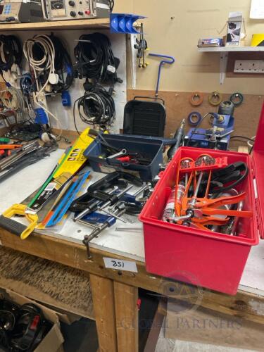 Various Hand Tools to Include 2 x Plastic Tool Boxes, Saws, Caulking Guns, G Clamps, and various screw drivers and Sockets, Spanners as Lottedel