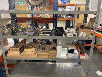 Content to Shelving Unit to Include Behringer CT100 Cable Tester; 2 x Work Clamps; 2 x Magnifying Clamps; Bespoke Work Cable Boxes; and Core Drill Bits