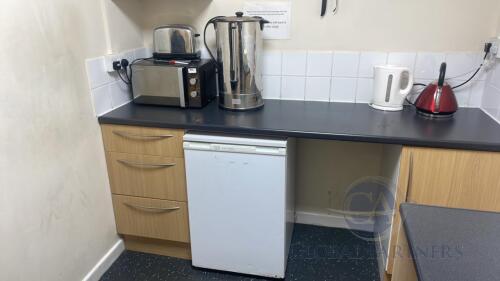 Removable Contents of Kitchenette to include RUSSELL HOBBS Microwave, Hot Water Urn, Kettle, Toaster, Microwave etc