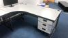 (Qty3) 1 x Curved Office desk with 3 drawer pedestal, 1 x office desk, 1 x 2 drawer metal filing cabinet - 3