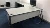 (Qty3) 1 x Curved Office desk with 3 drawer pedestal, 1 x office desk, 1 x 2 drawer metal filing cabinet - 4