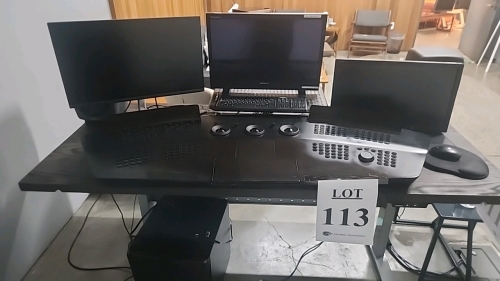 LOT OF WORKSTATION INCLUDING BLACKBOARD2 CONTROL SURFACE, (1) DELL 4K MONITOR MODEL P2723QE, (1) NEC MONITOR MODEL EA232WMI, (1) SONY TELEMASTER EL VIDEO MONITOR MODEL PVM-A250, (1) JBL LSR 2300 SPEAKER AND (2) GENELEC 8040A SPEAKERS<br/><br/>STANDING D