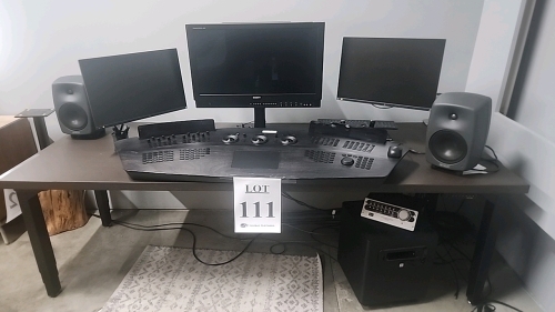 LOT OF WORKSTATION INCLUDING BLACKBOARD2 CONTROL SURFACE, (2) EIZO FLEXSCAN MODEL EV2455, (1) SONY TELEMASTER EL 4K VIDEO MONITOR MODEL BVM-X300, (1) SPL SURROUND CONTROL MONITOR MODEL 2489, (1) JBL 310S SPEAKER AND (2) GENELEC 8040A SPEAKERS<br/><br/>ST