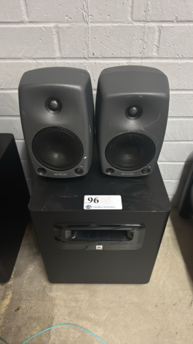 LOT OF THREE (3) SPEAKERS INCL (1) JBL LSR310S WOOFER AND (2) GENELEC 8030B's