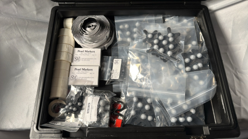 VICON MOTION CAPTURE SUIT INCLUDING HARD CARRYING CASE, SOFT CARRY BAG, PEARL MARKERS, TAPE, VELCRO, AND MISC MOTION CAPTURE ACCESSORIES , (SIZE: M)