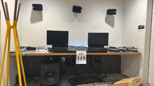 LOT OF WORKSTATION INCLUDING BLACKBOARD2 CONTROL SURFACE, (2) NEC MODEL EA245WMI, (1) SPL SURROUND MONITOR CONTROLLER MODEL 2489, (1) HP Z2 MINI G3 WORKSTATION, (5) JBL CONTROL 2P SPEAKERS, (1) JBL LSR 4312SP SPEAKER<br/><br/>STANDING DESK NOT INCLUDED