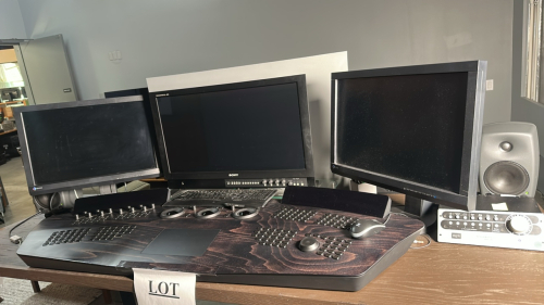 LOT OF WORKSTATION INCLUDING BLACKBOARD2 CONTROL SURFACE, (1) EIZO COLOREDGE MODEL CG247, (1) EIZO COLOREDGE MODEL CX241, (1) SONY TELEMASTER EL 4K VIDEO MONITOR MODEL BVM-X300, (1) SPL SURROUND CONTROL MONITOR MODEL 2489, (1) YAMAHA HS8S SPEAKER AND (2)