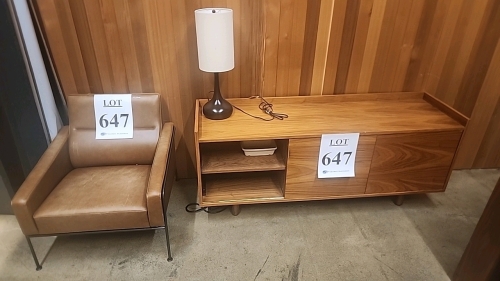 ASSORTED STUDIO FURNITURE INCLUDING LEATHER CHAIR, COUCHES, COFFEE TABLE, END TABLE, CREDENZA, AND RUG
