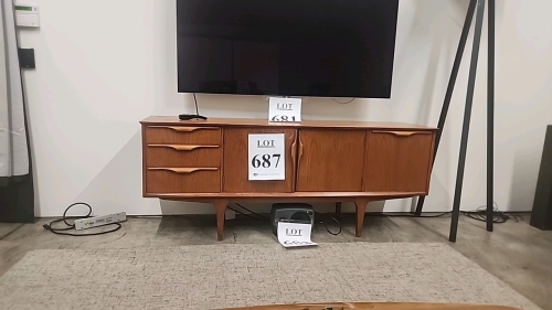 ASSORTED STUDIO FURNITURE INCLUDING COUCH, CHAIRS, END TABLE, COFFEE TABLE, CREDENZA, COAT RACK, LAMPS, AND RUG