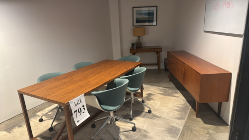 Wood conference table with (5) chairs, wood credenza, small table, lamp, and rug
