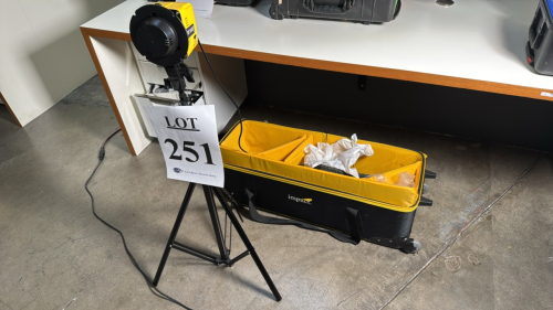 (1) INTERFIT HONEY BADGER 320 COMPACT FLASH HEAD, (1) INTERFIT S511 C/INT R1C TTL & HSS REMOTE WITH STAND, AND ROLLING CASE