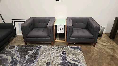 ASSORTED STUDIO FURNITURE INCLUDING CHAIRS, COUCHES, COFFEE TABLE, END TABLES, LAMPS, COAT RACK, CREDENZA, AND RUG