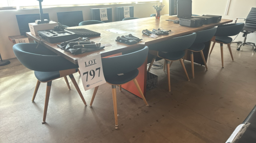 Wood conference Table with (10) office chairs, 131" L x54"W x 30"H