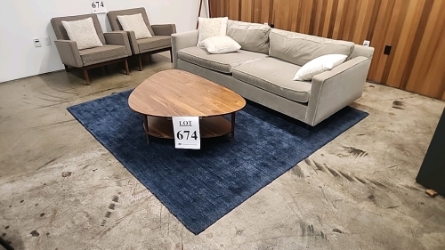 ASSORTED STUDIO FURNITURE INCLUDING COUCH, CHAIRS, COFFEE TABLE, END TABLE, LAMP, AND RUG