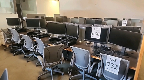 LOT OF (4) WORKSTATIONS EACH INCLUDING (2) MONITORS, (1) HP THINCLIENT MINI PC, (1) WACOM INTUOS PRO DRAWING TABLET WITH STYLUS, AND VARIDESK SIT/STAND DESKTOP RISER